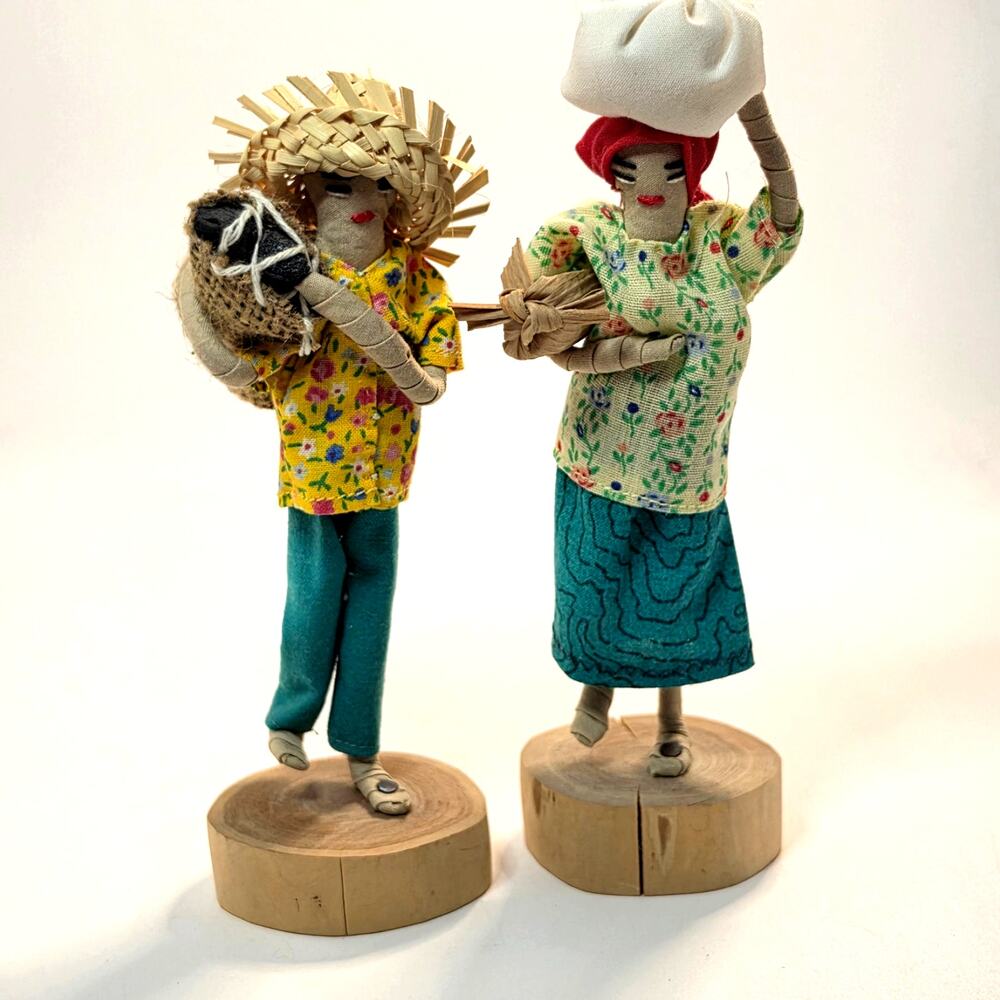 Handmade Caribbean Souvenir Cloth & Straw Folk Art Dolls Wood Base, Vintage